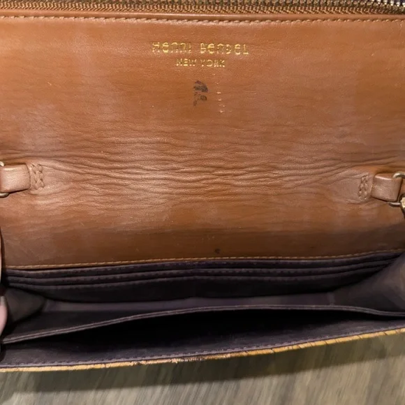 Henri bendel tan snake print embossed leather crossbody shoulder bag with bow